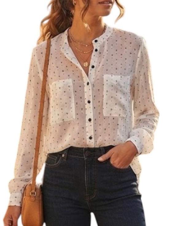twik Tops - TWIK by Simons Dainty Cross Print Button Down Collarless Blouse Ivory Large